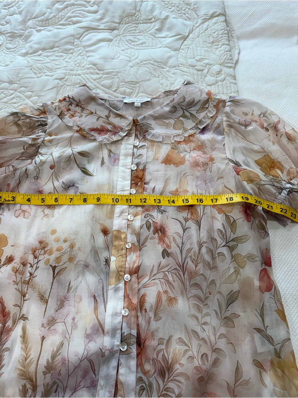 Lucky and Coco Sheer Floral Button-Front Blouse - Cream Multi - Picture 5 of 7